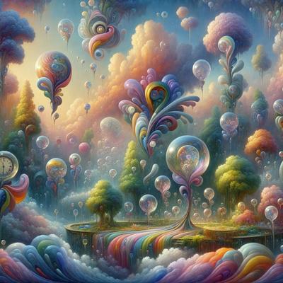 The primary subject of the image is a whimsical, colorful scene featuring a forest filled with trees and various balloons floating in the air. The setting is a lush, vibrant landscape with a sky background. The visual style is a combination of digital art and illustration, creating a surreal and imaginative atmosphere. The colors and mood are predominantly bright and cheerful, with a sense of playfulness and wonder.
